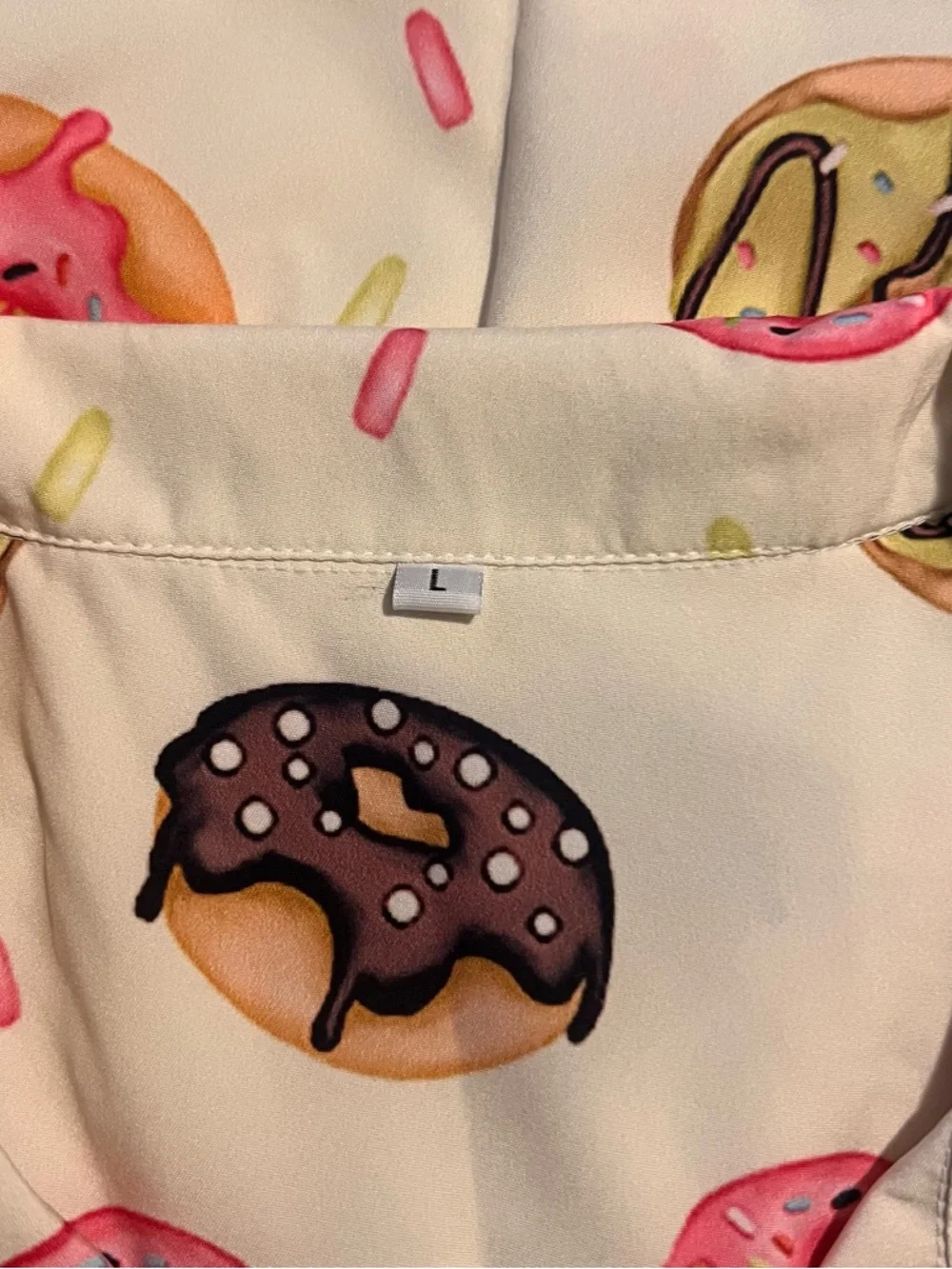 Fun Donut-Print Cream Top - Short Sleeve Shirt Size Large